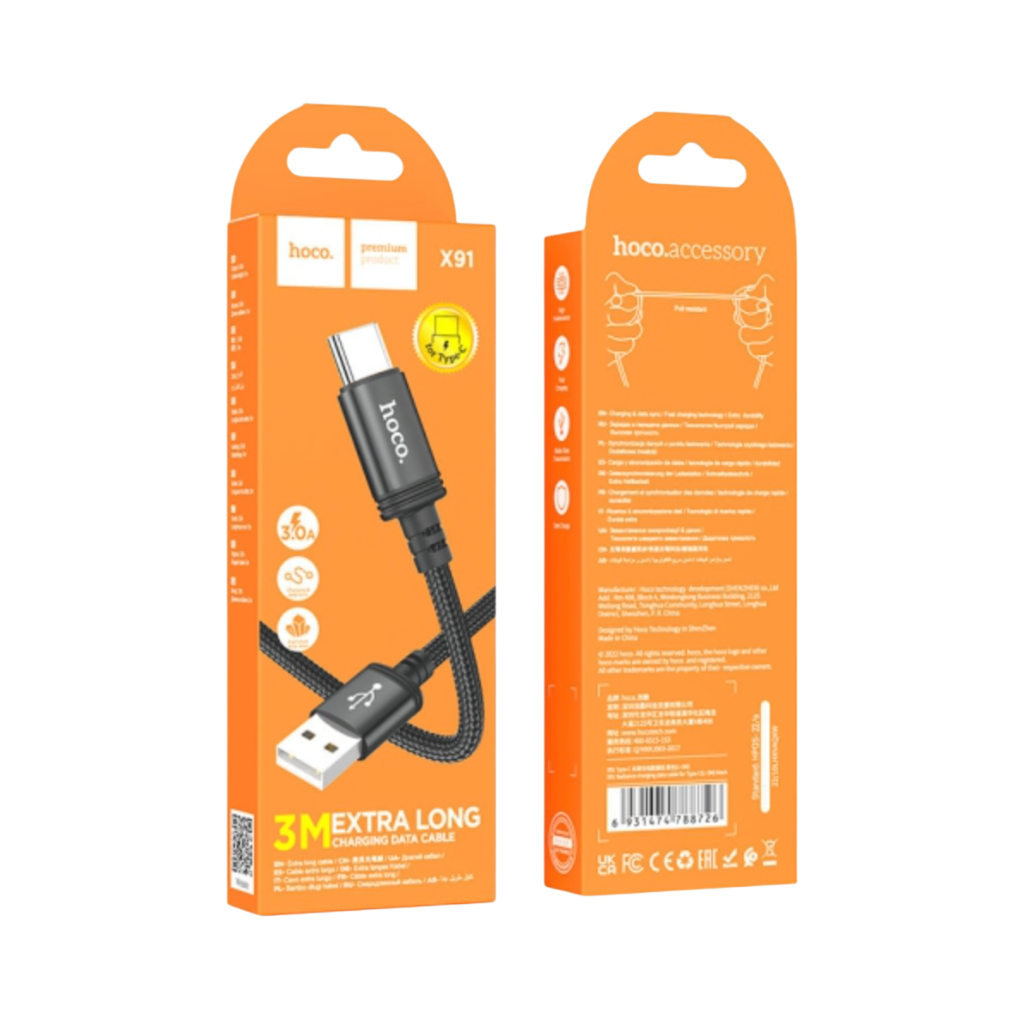 Hoco X91 data cable USB-A to USB-C | 3M Cable | 3.0A Fast Charge & Data Transfer - Future Gadgets
