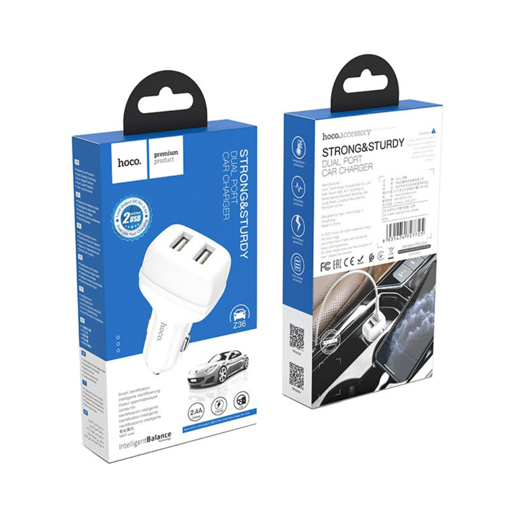 Hoco Z36 Leader Dual USB Port Single Car Charger 2.4A White