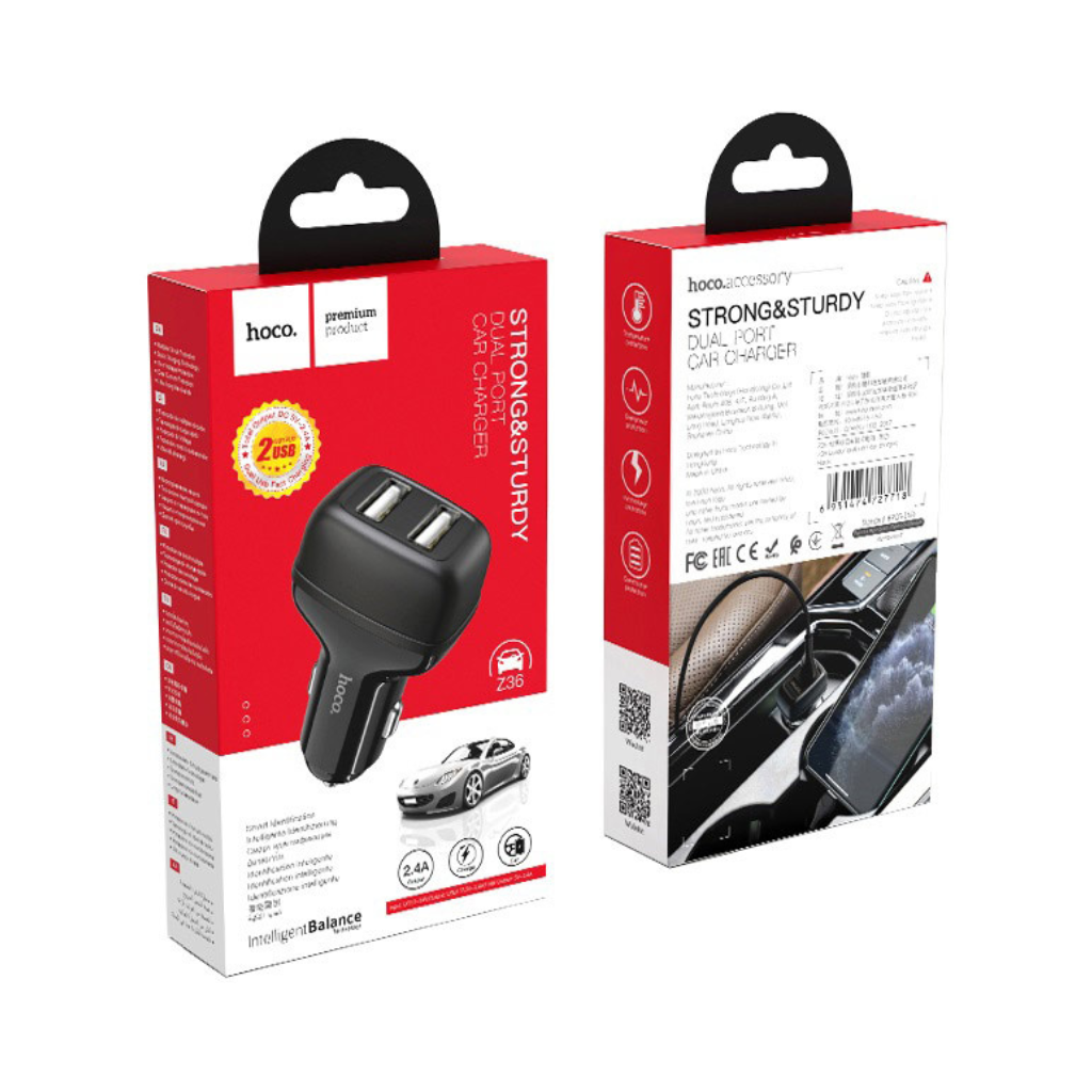 Hoco Z36 Leader Dual USB Port Single Car Charger 2.4A Black