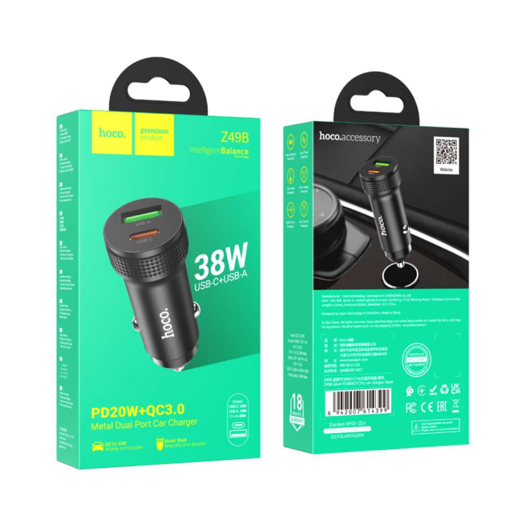 Hoco Z49B Level Dual Port 38W Car Charger – USB-C PD 20W & USB-A QC 18W Fast Charging Adapter